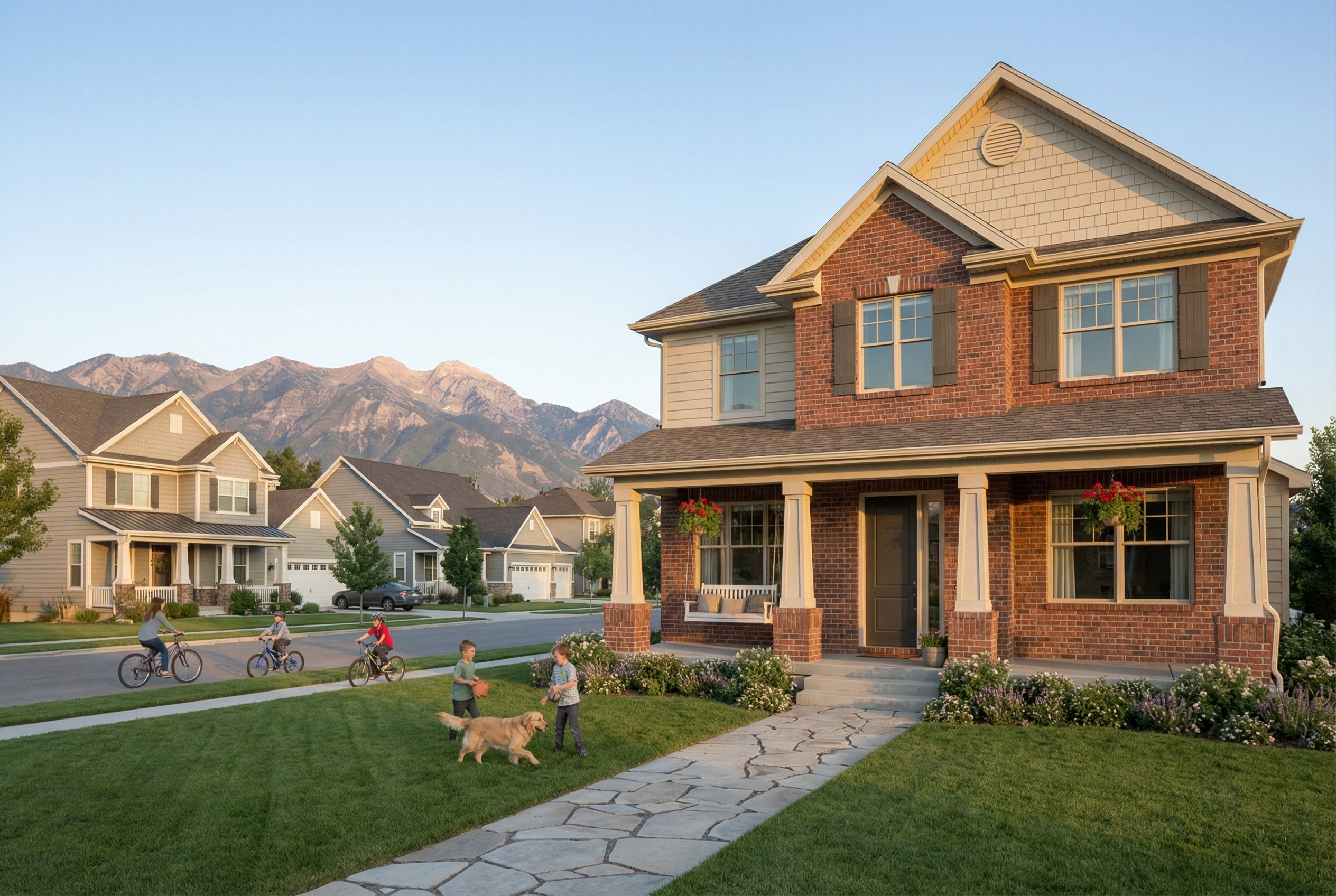Family-friendly neighborhood with brick homes and mountain views in Salt Lake City