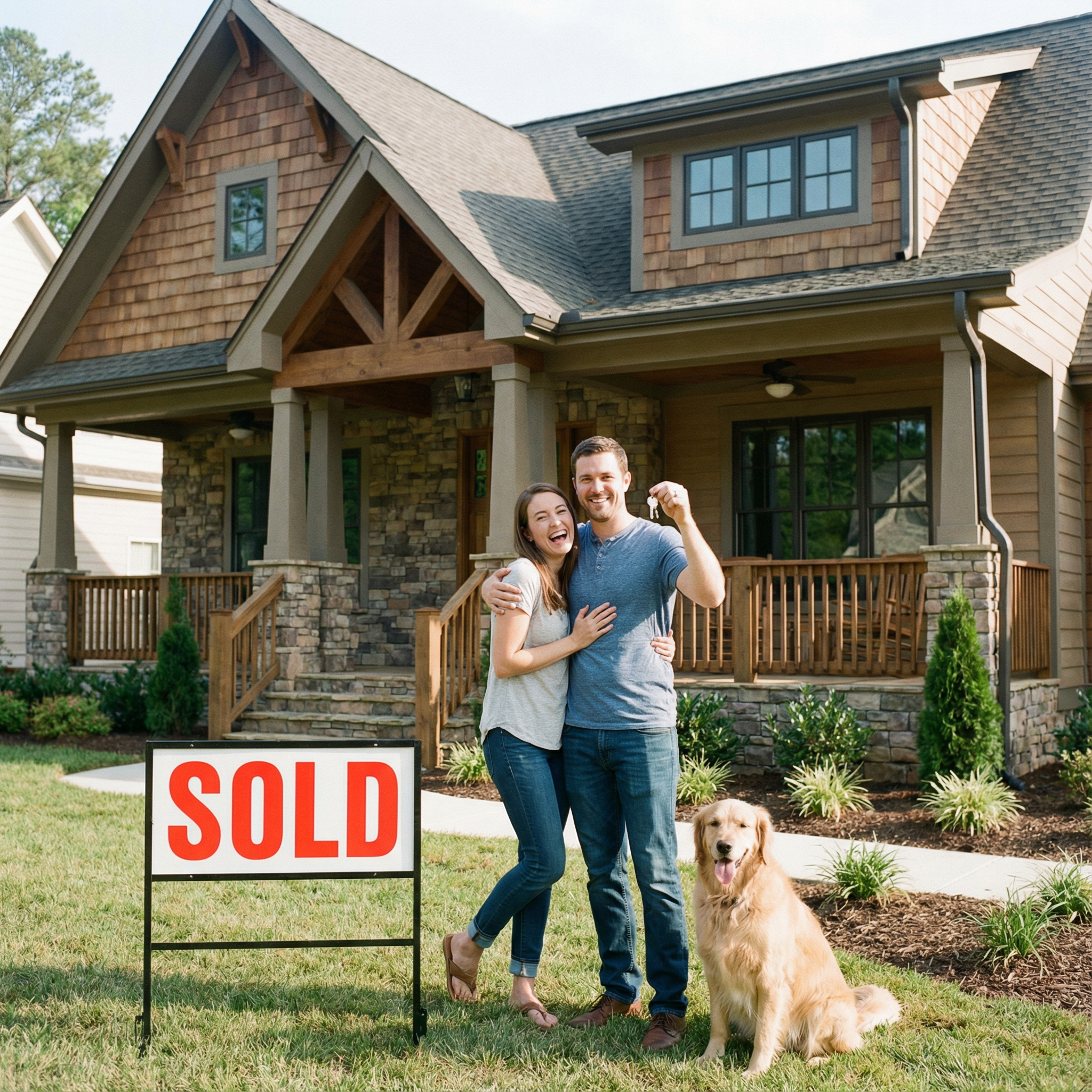 Real estate agent handing over house keys to happy couple