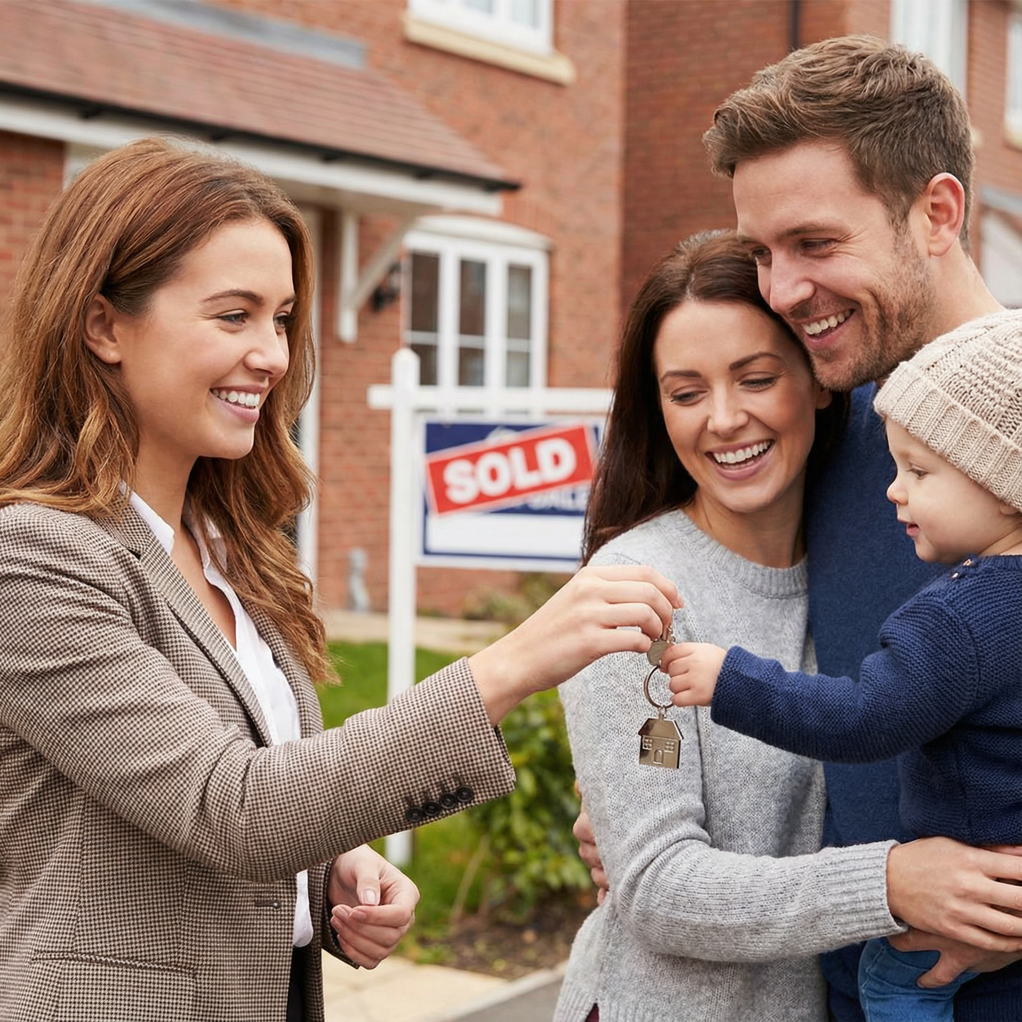 Happy family receiving house keys