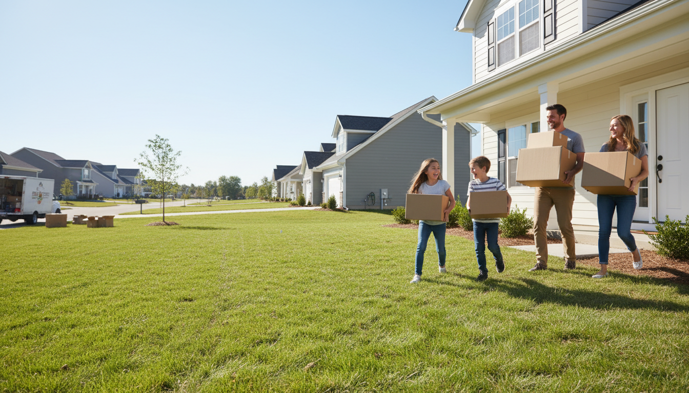 Happy family moving into new home with boxes